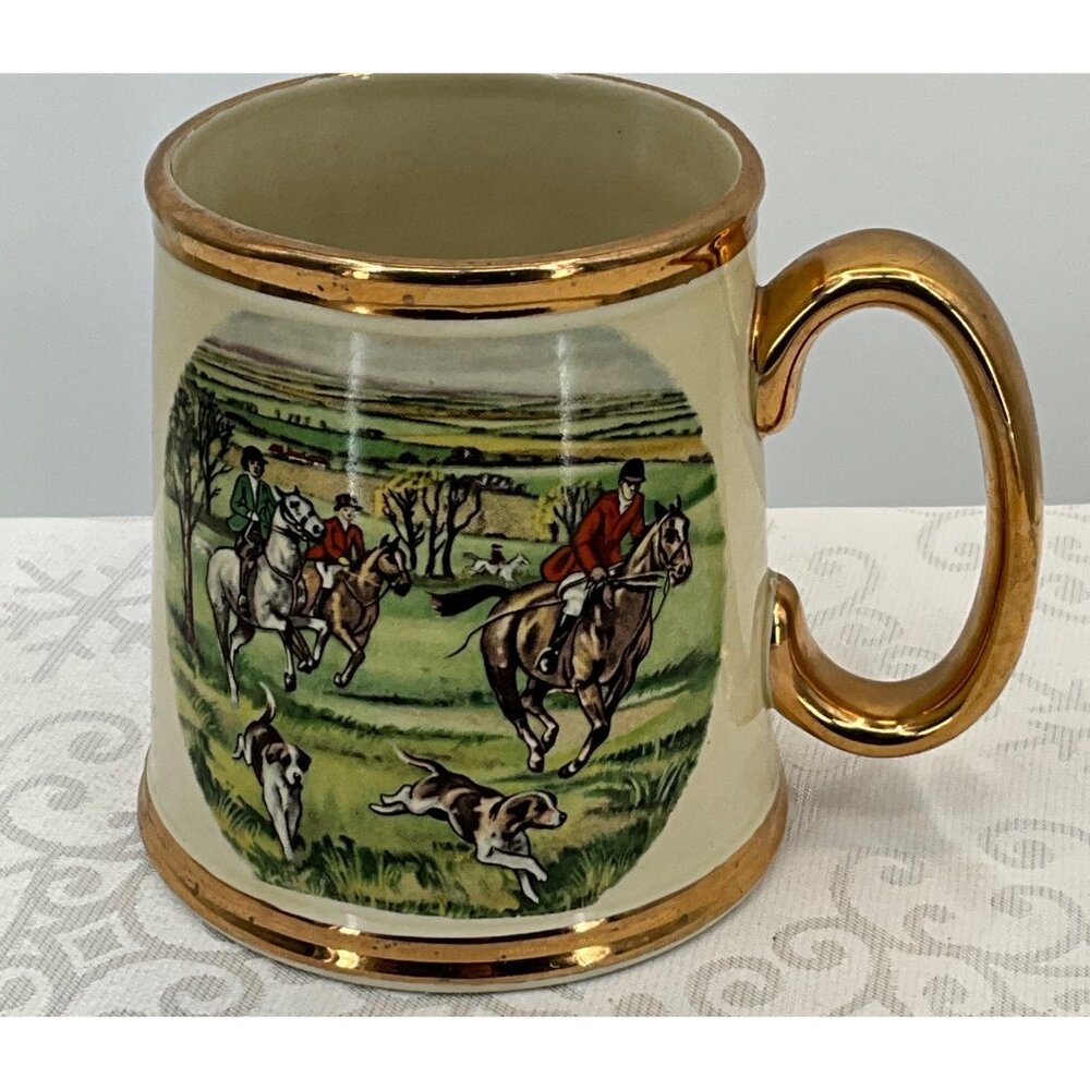 Vintage Gibsons‎ Staffordshire England Ceramic Hunting Scene Mug Gold Trim